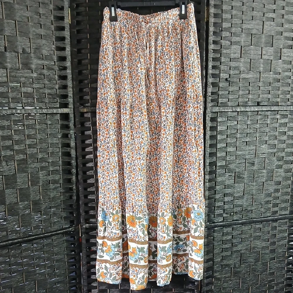 Zesica Orange Blue Floral Boho Tiered Pull On Elastic Waist Maxi Skirt SZ M